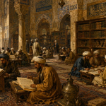 Ilustrasi suasana pendidikan Islam abad pertengahan dengan perpustakaan besar dan para pelajar muslim sedang belajar.