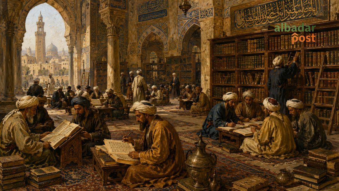 Ilustrasi suasana pendidikan Islam abad pertengahan dengan perpustakaan besar dan para pelajar muslim sedang belajar.