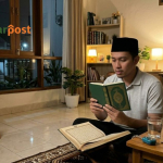 Suasana rumah Muslim yang tenang pada malam hari dengan bacaan doa perlindungan rumah dan nuansa Islami hangat.