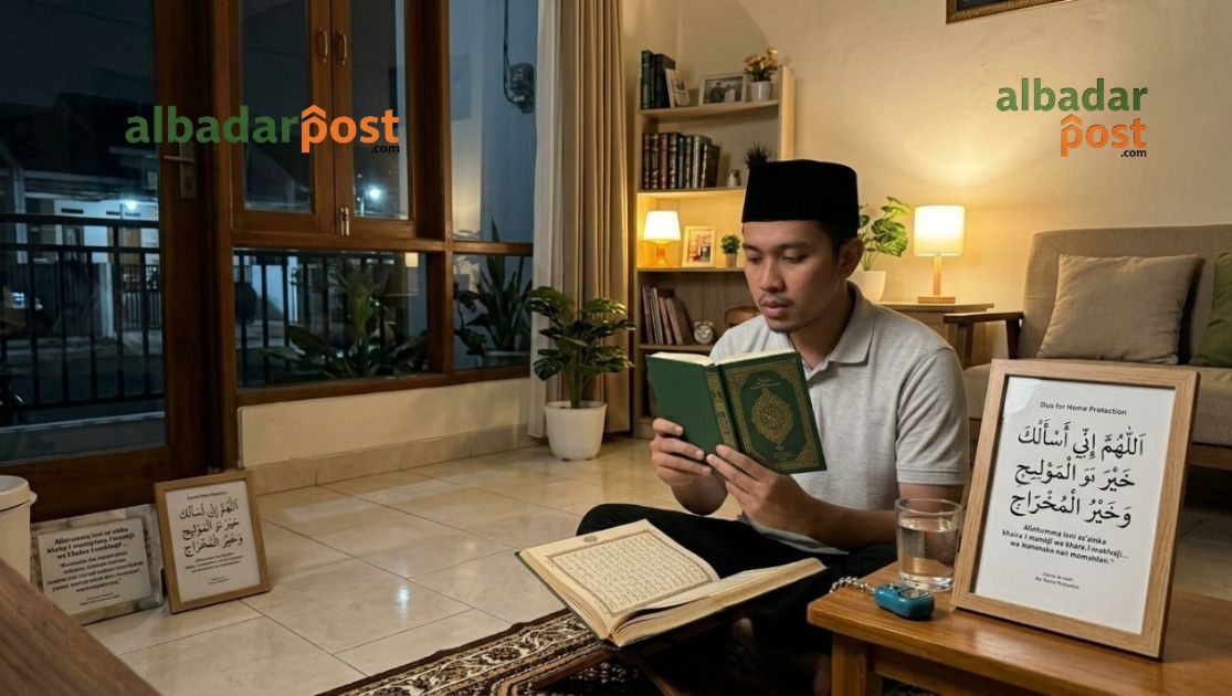 Suasana rumah Muslim yang tenang pada malam hari dengan bacaan doa perlindungan rumah dan nuansa Islami hangat.
