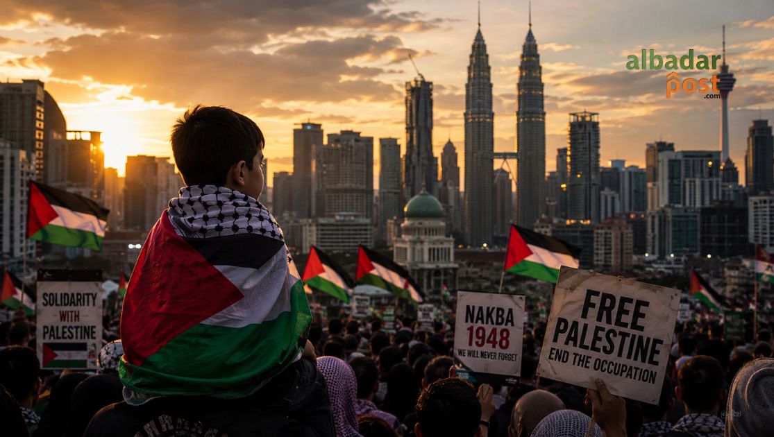 Aksi solidaritas Palestina di Malaysia saat peringatan Nakba dengan bendera Palestina dan poster kemanusiaan Gaza.