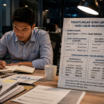 Karyawan bekerja lembur di kantor saat hari libur nasional dengan ilustrasi perhitungan upah lembur sesuai aturan pemerintah.