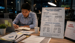 Karyawan bekerja lembur di kantor saat hari libur nasional dengan ilustrasi perhitungan upah lembur sesuai aturan pemerintah.