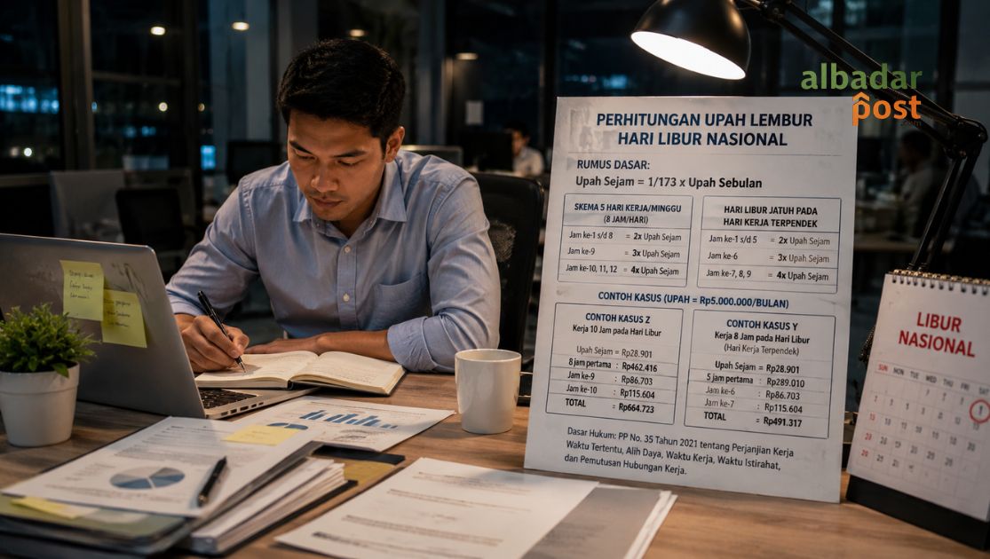 Karyawan bekerja lembur di kantor saat hari libur nasional dengan ilustrasi perhitungan upah lembur sesuai aturan pemerintah.