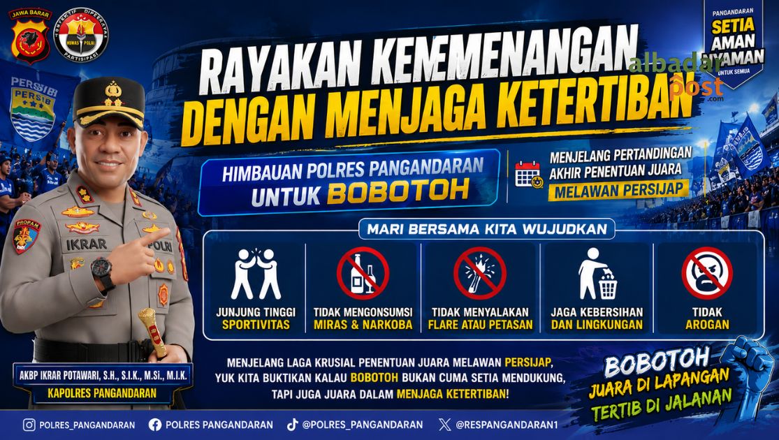 Himbauan Polres Pangandaran kepada Bobotoh Persib agar menjaga ketertiban dan sportivitas saat laga melawan Persijap.