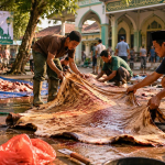 Ilustrasi suasana Panitia kurban mengurus kulit sapi kurban di halaman masjid,