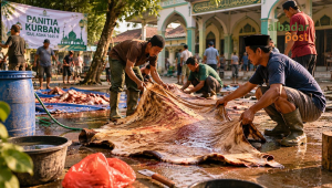 Ilustrasi suasana Panitia kurban mengurus kulit sapi kurban di halaman masjid,