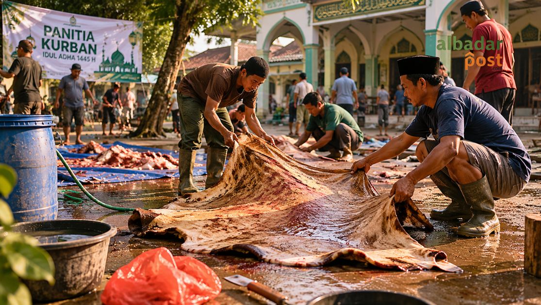 Ilustrasi suasana Panitia kurban mengurus kulit sapi kurban di halaman masjid,