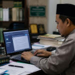 Ilustrasi seseorang menyiapkan naskah khutbah Idul Adha menggunakan laptop dan teknologi AI.