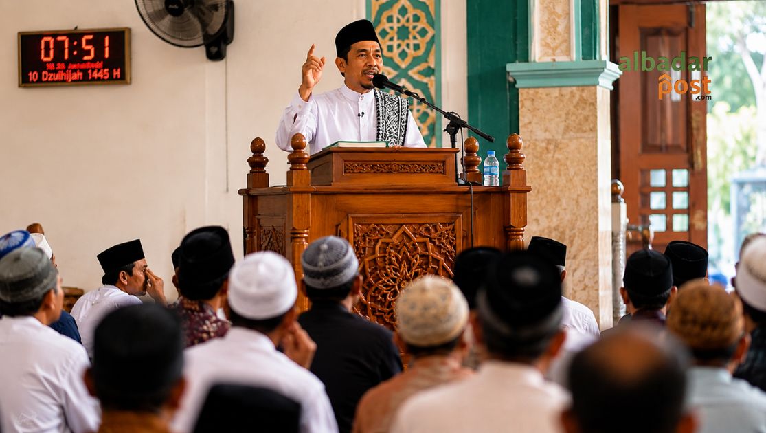 Khatib menyampaikan khutbah Idul Adha di mimbar masjid dengan suasana jamaah penuh dan nuansa religius yang hangat