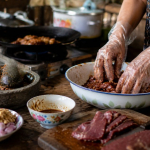 Proses membuat dendeng daging sapi kurban dengan bumbu rempah di dapur rumah tradisional
