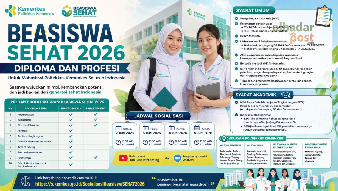 Poster Program Beasiswa SEHAT 2026 untuk mahasiswi Poltekkes Kemenkes jenjang diploma dan profesi.