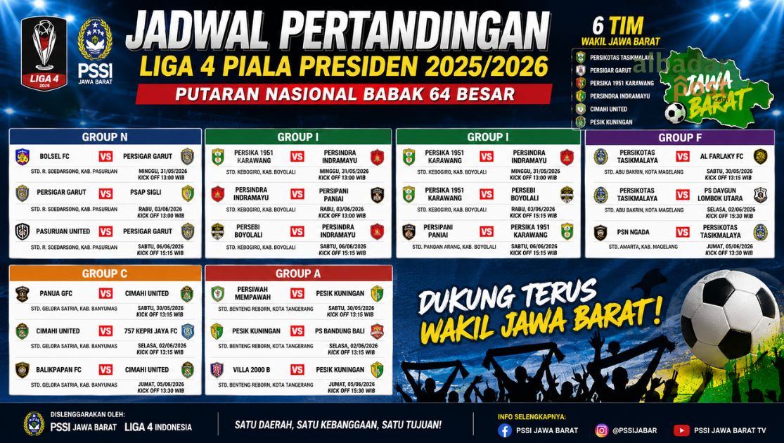 Jadwal pertandingan Liga 4 Nasional 2026 Putaran Nasional Babak 64 Besar untuk tim wakil Jawa Barat