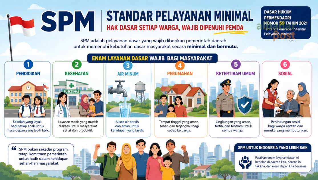Infografis Standar Pelayanan Minimal (SPM) yang menjelaskan enam layanan dasar wajib bagi masyarakat sesuai Permendagri Nomor 59 Tahun 2021.