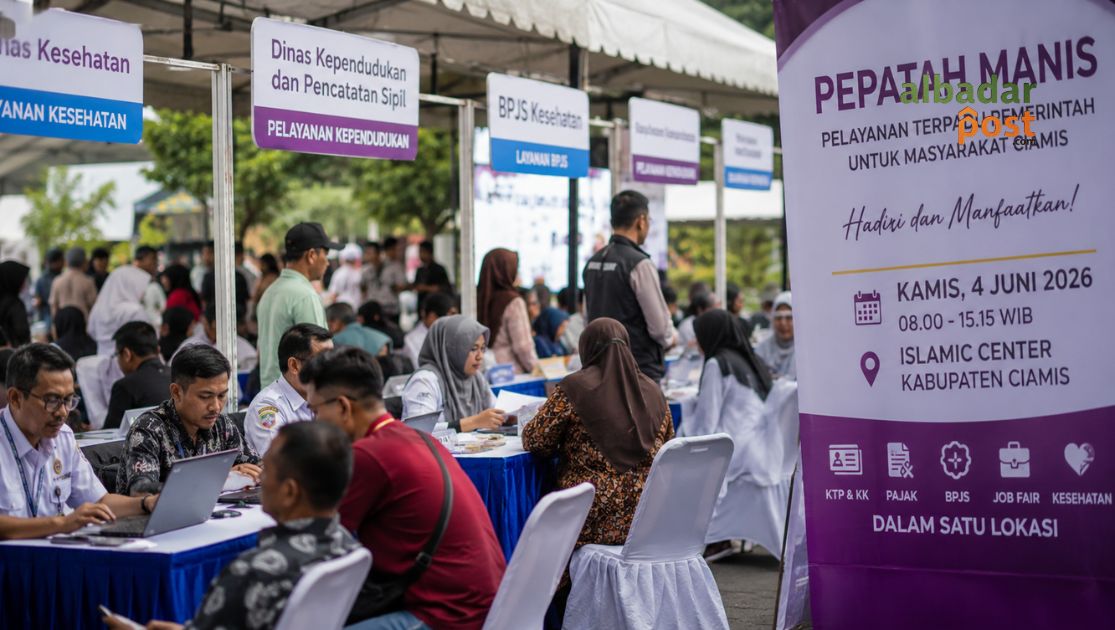 Suasana pelayanan terpadu Pepatah Manis Kabupaten Ciamis yang menghadirkan berbagai layanan publik, Job Fair, dan Gerakan Pangan Murah.