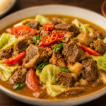 Semangkuk tongseng kurban dengan daging empuk, kuah gurih kecokelatan, kol segar, tomat, dan cabai merah di atas meja kayu.