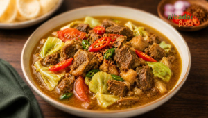 Semangkuk tongseng kurban dengan daging empuk, kuah gurih kecokelatan, kol segar, tomat, dan cabai merah di atas meja kayu.