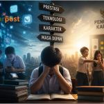 Ilustrasi pelajar Indonesia di era digital dengan sorotan krisis karakter dan pendidikan moral saat Hardiknas 2026