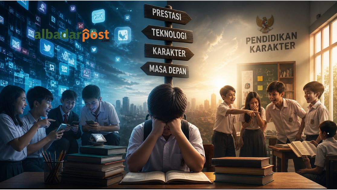 Ilustrasi pelajar Indonesia di era digital dengan sorotan krisis karakter dan pendidikan moral saat Hardiknas 2026