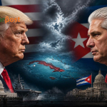 Ilustrasi Donald Trump dengan latar bendera Amerika Serikat dan Kuba dalam suasana geopolitik tegang