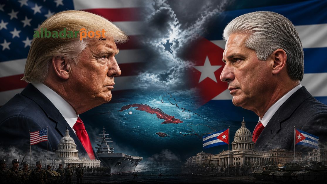 Ilustrasi Donald Trump dengan latar bendera Amerika Serikat dan Kuba dalam suasana geopolitik tegang