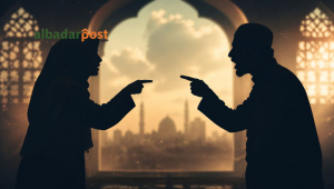 Ilustrasi siluet manusia saling menunjuk dengan latar nuansa Islami dan suasana reflektif tentang adab dalam Islam