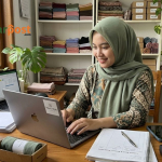 Ilustrasi pemula sedang memulai usaha kecil dengan laptop, catatan bisnis, dan suasana kerja produktif