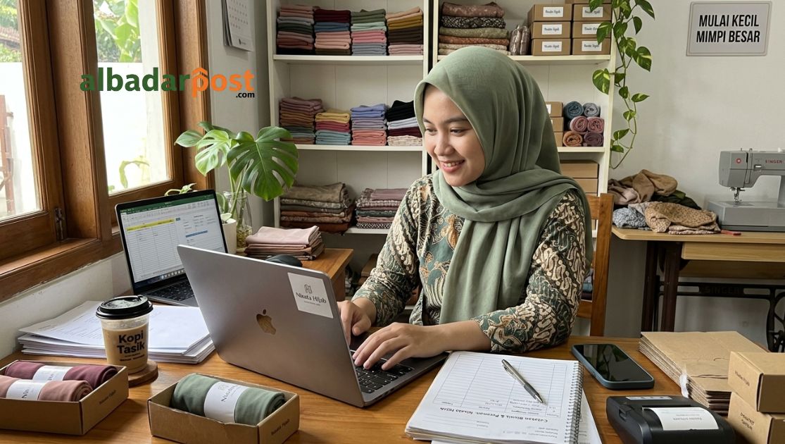 Ilustrasi pemula sedang memulai usaha kecil dengan laptop, catatan bisnis, dan suasana kerja produktif