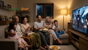 Ilustrasi keluarga menonton film box office bersama dengan suasana hangat dan penuh kebersamaan