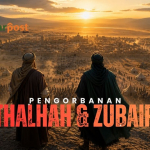 Ilustrasi Islami Thalhah dan Zubair sebagai sahabat Nabi yang menunjukkan keberanian dan pengorbanan demi Islam.