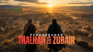Ilustrasi Islami Thalhah dan Zubair sebagai sahabat Nabi yang menunjukkan keberanian dan pengorbanan demi Islam.