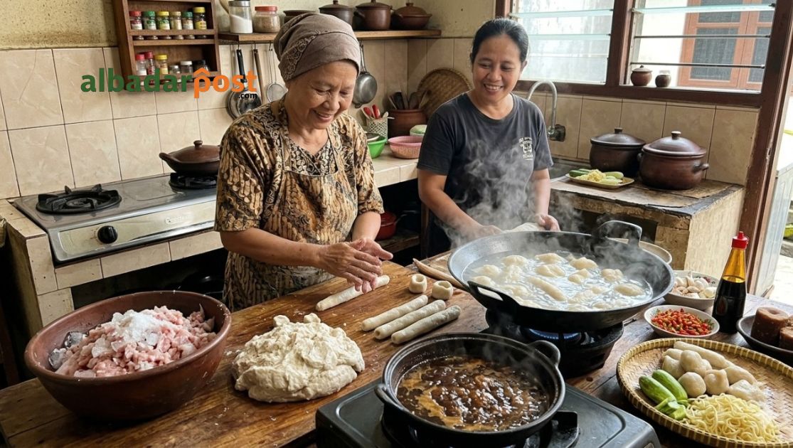 Proses tradisional cara membuat empek-empek Palembang dengan adonan ikan segar dan kuah cuko khas di dapur sederhana
